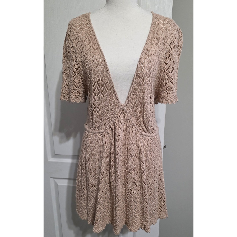 Metro 7 Women XL Natural Crochet Knit Mini Dress Scalloped Boho V-Neck Coverup